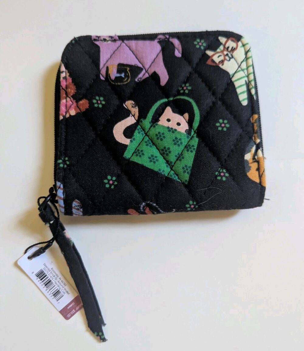 Vera Bradley Herding Cats Small Zip Around Wallet Black Cat Print Quilted New